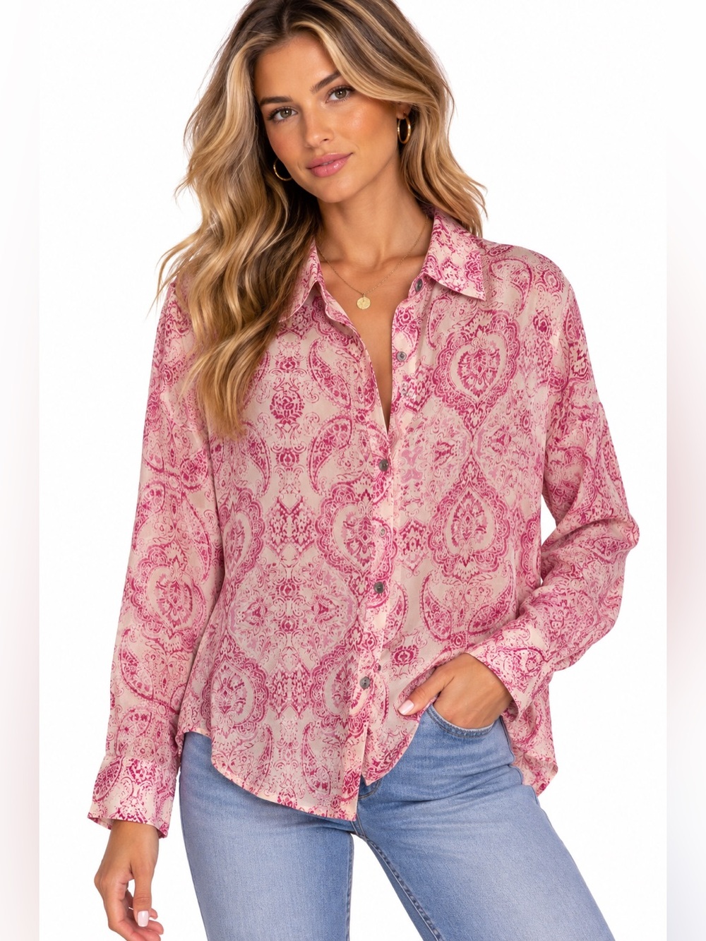 Entro Women's Pink Paisley Button-Up Boutique Shirt Womens Size Small